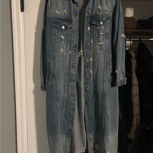 Distressed Long Denim Trench Coat - Light Blue